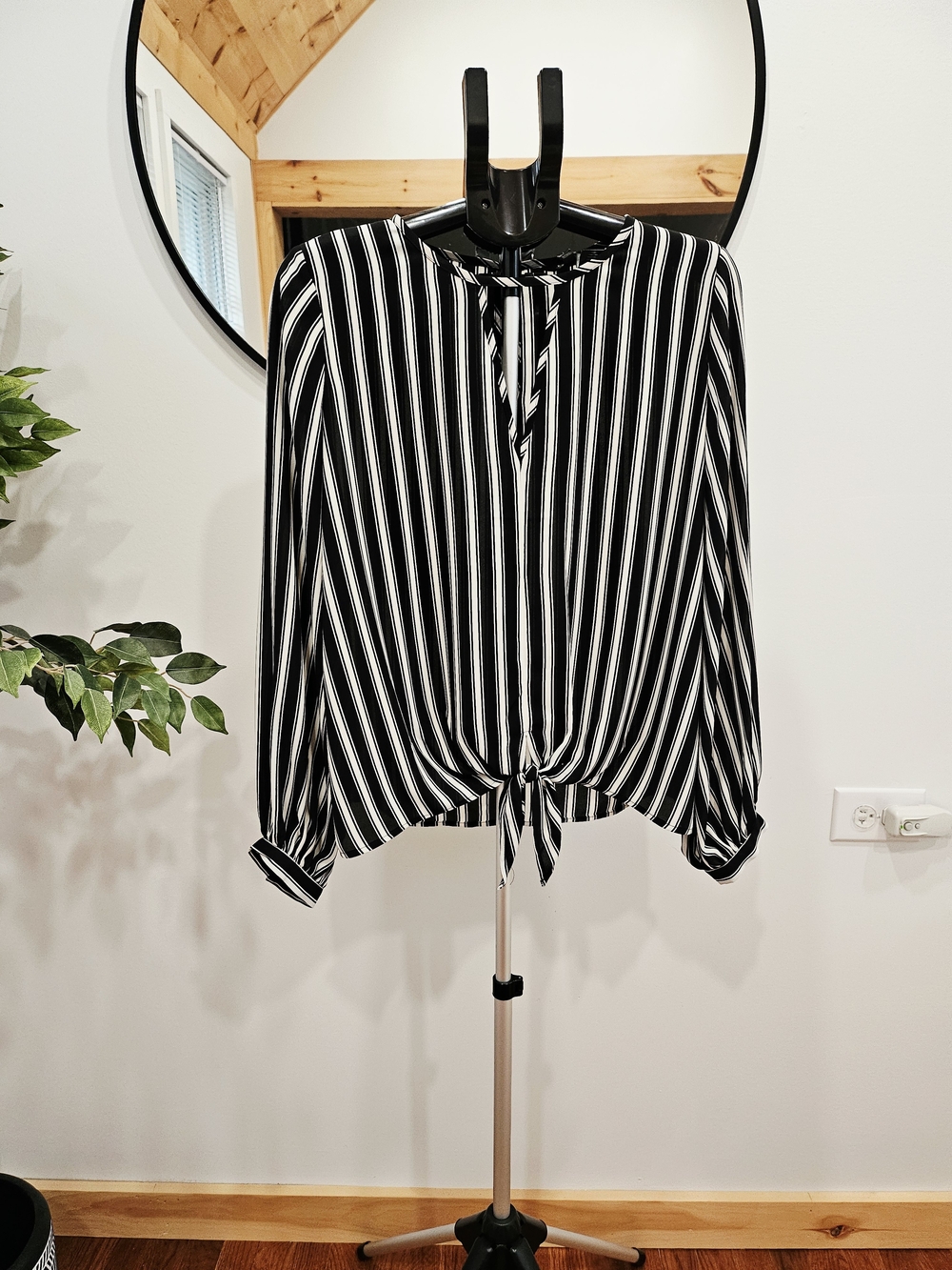 Express Black and White Vertical Stripe Tie-Front Blouse